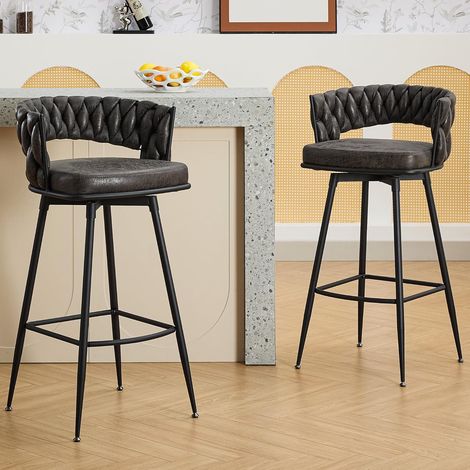 Set aus 2 hohen, drehbaren Barhockern mit geflochtener Rückenlehne, aus Kunstleder, Sitzhöhe 79 cm, für Küche, Bar oder Tresen, schwarz. (1/5)