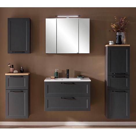 Badmöbel Komplettset mit LED-Spiegelschrank & Waschbecken in dunkelgrau MARLING-03, B/H/T ca. 200/200/47 cm (1/5)