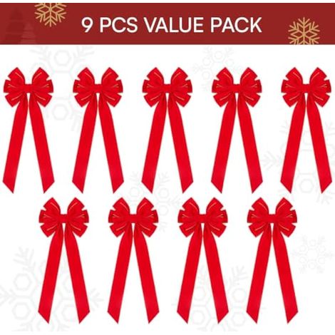 Lot de 9 grands nœuds de Noël en velours rouge (78 x 27 cm) pour couronnes d'extérieur, décorations de sapin de Noël, décorations de Noël intérieures et extérieures (1/4)