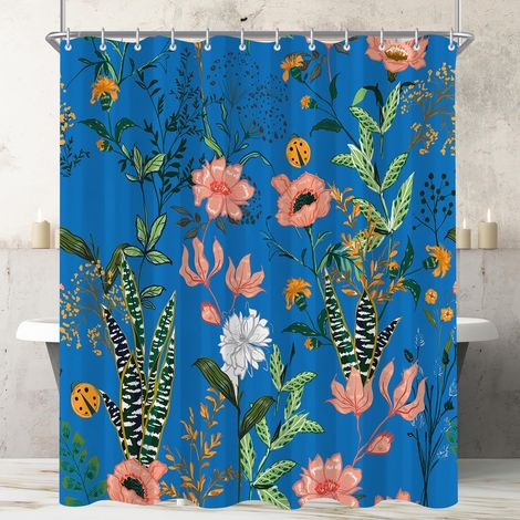 Rideau de douche 120 x 200 cm - Style bohème - Bleu - Ourlet lesté - Textile anti-moisissure - Imperméable - Lavable - En polyester - Avec 8 œillets et anneaux de rideau de douche - Pour salle (1/5)