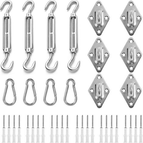 Kit de 4 crochets, tendeur M6, acier inoxydable 304, mousquetons, supports muraux, pour voile d'ombrage jardin (1/5)