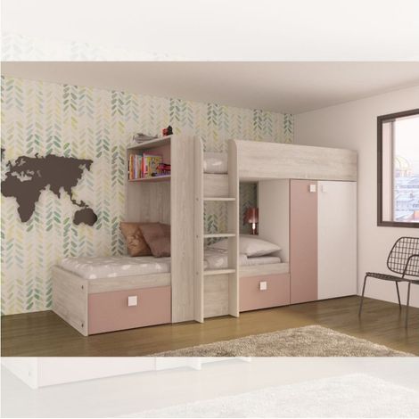 Letto a castello bianco consumato e rosa antico con armadio e cassetti 1262 (1/5)
