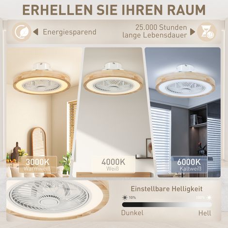 Ventilateur de plafond lumineux avec télécommande, 6 vitesses, intensité lumineuse variable, moteur silencieux, couleur marron clair (1/4)