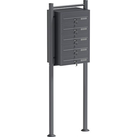 Wiltec 5er Briefkastenanlage Anthrazit 556 x 270 x 1500 mm, Standbriefkasten mit 5 Fächern, Schlüssel und Namensschild, Briefkasten Postkasten mit Ständer