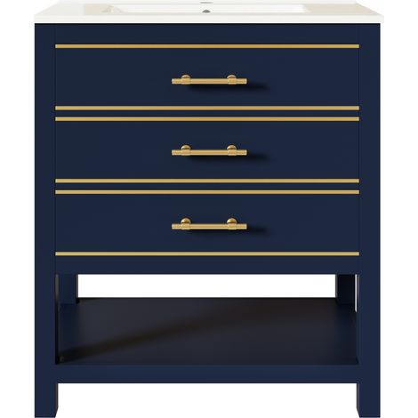 Waschtischunterschrank mit 2 Schubladen und 1 Offenem Fach, aus MDF, Schwarzblau, 76 cm, fur Bad (1/5)