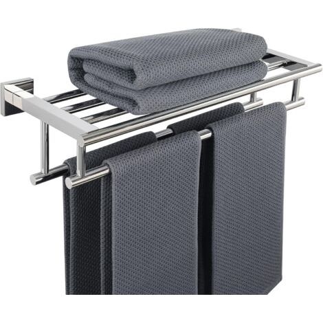 Porte-serviettes mural double barre avec étagère, 60 cm, finition polie, en acier inoxydable SUS 304, EGZ8050-C - RW (1/4)