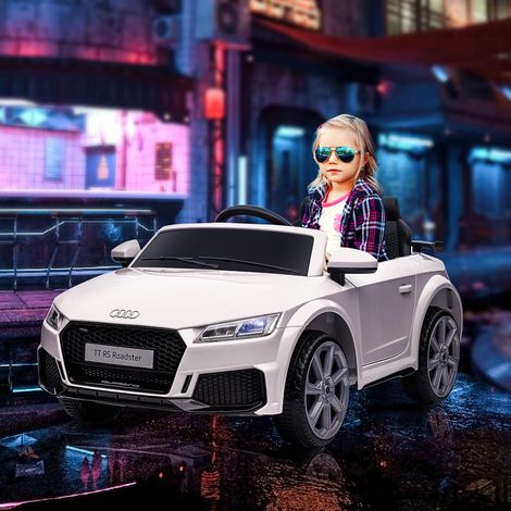 Elektrisches Kinderauto – Audi TT RS – 12 V, 30 W – max. 3 km/h – 2,4-GHz-Fernbedienung – Sound- und Lichteffekte – Weiß