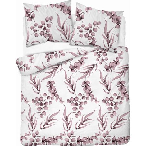Parure de lit en coton 160x200 Fleurs Feuilles Rose chiné (1/5)