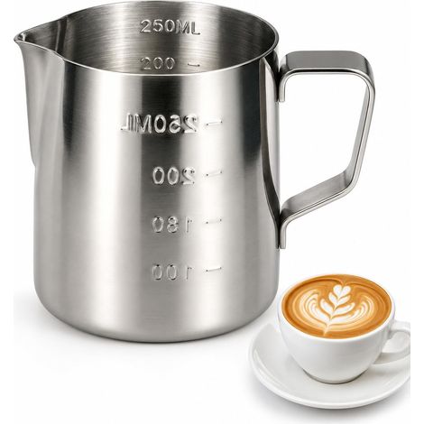 Pichet à lait 250 ml en acier inoxydable avec échelle de mesure – Pichet mousseur à lait pour machine à café, petit pot à lait pour barista, cappuccino, expresso et latte art, pichet à mousse de lait (1/5)