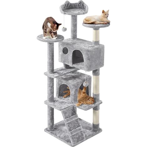 Yaheetech Albero Tiragraffi per Gatti in Sisal e Truciolato 49 cm × 49 cm × 158 cm Torre con Posatoio Condominio Gioco Chiaro Grigio (1/5)