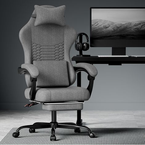 Chaise de bureau gaming en tissu gris foncé avec appuie-tête, repose-pieds DESVIAE (1/5)