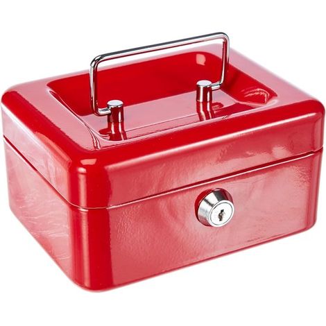 Caja de seguridad con cerradura de llave y compartimento para monedas, pequeña, chapa de acero, roja. (1/2)