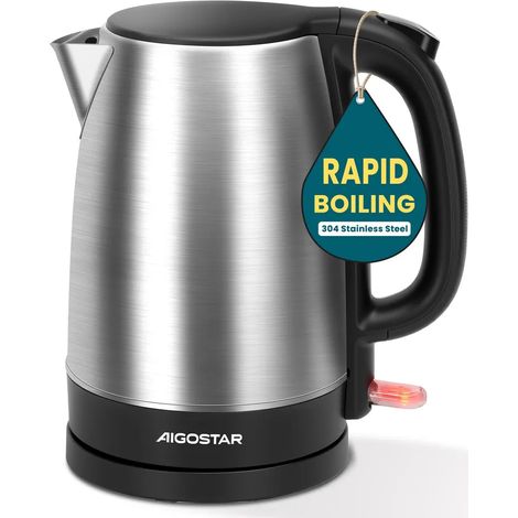 Bouilloire Aigostar Milo - 1,7 L en acier inoxydable avec filtre anticalcaire, sans fil, arrêt automatique, 2 200 W, sans BPA, noire (1/5)