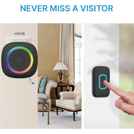 Timbre inalámbrico para exteriores, resistente al agua, funciona con pilas, alcance de 400 m, portátil, con indicador RGB, 60 melodías y 5 niveles de volumen, para casa, hotel y oficina, color negro.