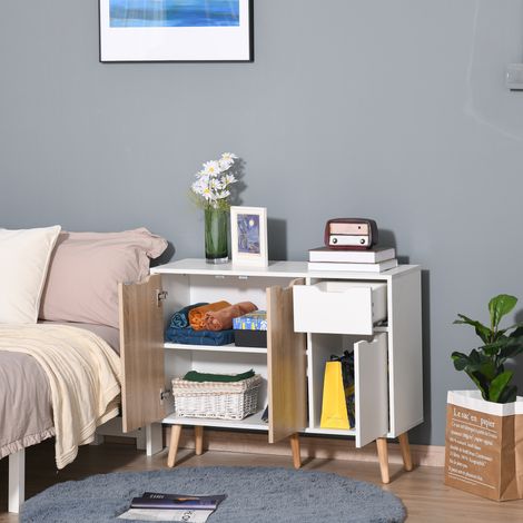 Credenza moderna per soggiorno con 3 ante e cassetto, mobile complementare per soggiorno, 90x30x72 cm, bianco e naturale