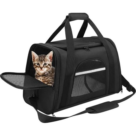 Sac de transport pliable pour chats et petits chiens, sac portable en maille respirante avec coussin amovible et lavable, bandoulière confortable et gamelle pliable incluse pour les voyages et les sor (1/5)