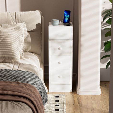 Table de chevet Chevet bois 3 tiroirs prise EU 2AC/2USB câble 1,5m rangement chambre salon blanc (1/5)