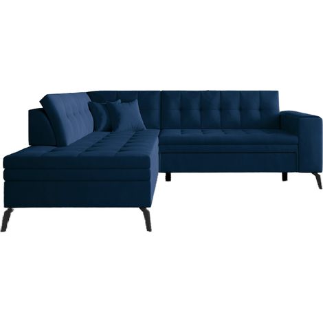 Canapé d'angle convertible velours LARRY - Pieds acier noir angle gauche-Bleu nuit-angle gauche (1/5)