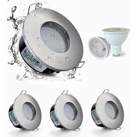 Set de 4 Spots Encastrés LED IP65 étanches, 5W 3000K Blanc Chaud Spot Encastré Pour salle de bain et cuisine éclairage Encastrable au Plafond coupe 68mm Nickel Satiné -Boîtier de lampe argenté (1/5)