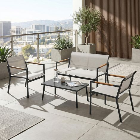 Ensemble de mobilier de jardin, salon de jardin pour 4 personnes, avec canapé 2 places, 2 fauteuils, table en métal et repose-pieds.