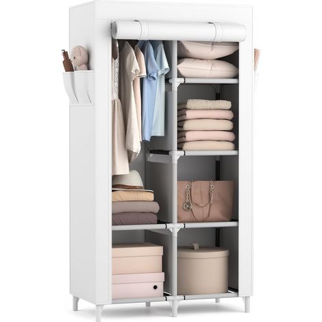 Armoire de Rangement, Penderie en Tissu avec Housse, Armoire Portable avec Barre de Suspension et Étagères pour Vestiaire, Chambre, Dressing (Blanc, 84 x 42 x 162 cm) (1/5)