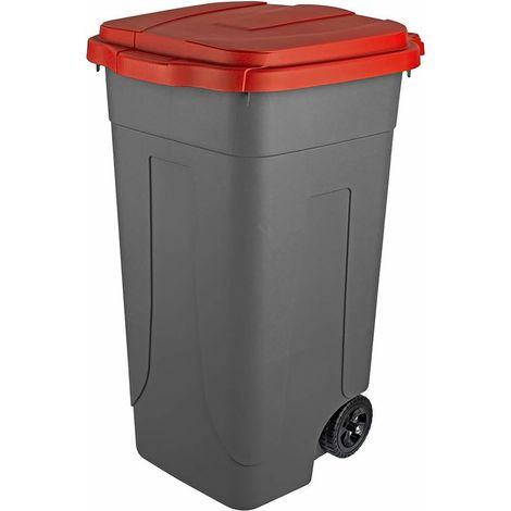 Bidone raccolta differenziata 100 litri con ruote Fondo grigio e coperchio rosso (1/4)
