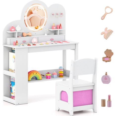COSTWAY Kids Princess Vanity Table & Chair Set with 2 Drawers-White (1/5)