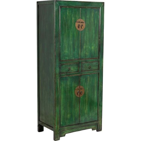 Armario de madera verde 80x48x184h cm – Acabado envejecido artesanal – 2 puertas con herrajes metálicos – Ideal para decoración oriental – Wanderlust Deco (1/5)