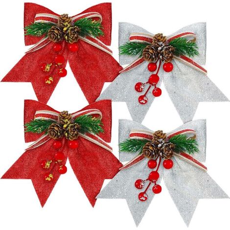 nœuds décoratifs de Noël à paillettes rouges pour sapin, arches de sapin, guirlandes et couronnes (rouge, argent, 17,8 x 17 cm) (1/5)