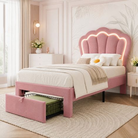 MEUBLIV Cadre de lit 90x190 cm rose – LED et tête de lit réglable, sans matelas (1/5)