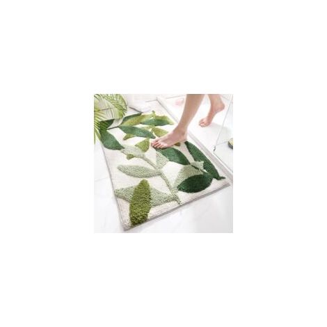 Tapis de bain absorbant antidérapant 40x60 cm – Microfibre douce – Séchage rapide – Motif feuilles vertes pour salle de bain (1/5)
