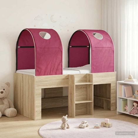 Lit haut enfant 3 pièces avec 2 tunnels, bois d’ingénierie, Sonoma et rouge, 163 x 101 cm - PANGIVO (1/5)