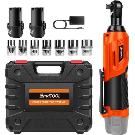 Chiave a cricchetto elettrica 12V, motore spazzolato, testa quadrata 3/8”, 40 N.M, 7 bussole + 2 batterie + guanti
