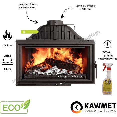 Insert cheminée à bois fonte 13,5 kW – Raccordement 180 mm – Compatible avec foyers – Pour grands volumes jusqu'à 135 m²