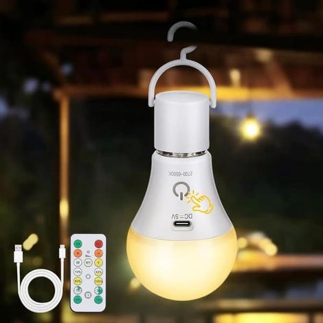 Ampoule LED rechargeable (lot de 1, 2 ou 4) avec télécommande - Culot E27, USB, 3 couleurs, intensité variable, commande tactile, éclairage extérieur et de secours (1 pièce)