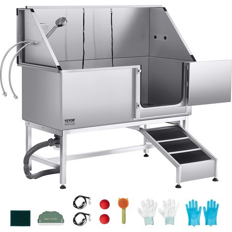 Baignoire de Chien Acier Inoxydable, Baignoire de Toilettage pour Animaux de Compagnie 150 cm Station de Lavage Chat, avec Rampe, Panneau Filtre à Eau, Robinet, Pommeau de Douche, Porte Droite (1/5)