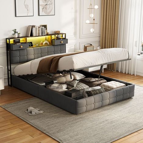 Letto matrimoniale 140x200 cm - Velluto grigio - Rete a doghe FSC - LED RGB + porte USB - Pistoni pneumatici e cassetti
