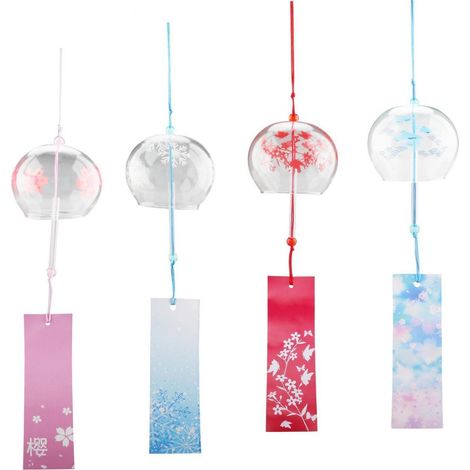 4er Set Glas Windspiele mit Grußkarte, 40cm, Kirschblüte, Schmetterling, Schneeflocke, Seevogel