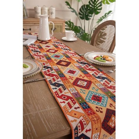 Nappe jacquard, fond fleurs + franges rouges pour fêtes, les vacances, les banquets en plein air, décoration de mariage (33×180 cm)