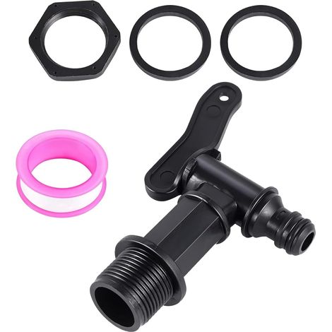 1 robinet d'écoulement pour citerne d'eau de pluie, robinet 3/4" en plastique de rechange avec joint d'étanchéité, contre-écrou, bande d'étanchéité pour citerne d'eau de pluie, réservoir d'eau (1/5)