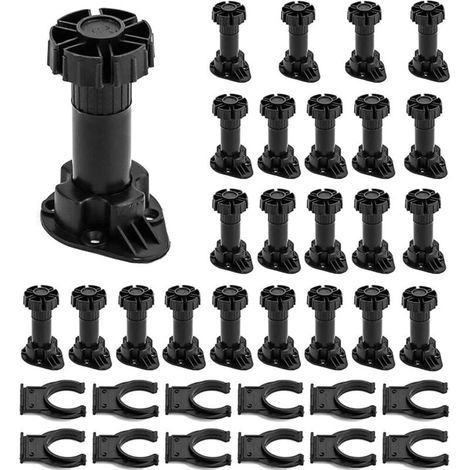 24 Pièces Pied de Meuble, Pieds D'Armoire Plastique 100mm-120mm, Pied Réglable pour Meuble, Noir Pieds de Meuble Plastique avec Clip Fixation Base pour Meubles de Cuisine, Armoire et Can (1/4)