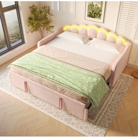 Cama nido moderna de terciopelo rosa 90x200/180x200 cm con cabecero ondulado, cama extraíble y LED