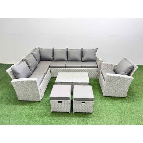 Fimous 9 Seater Garden Outdoor PE Rattan Furniture Set Rattan Garden Sofa Set with 2 Small Footstools Light Grey Mixed (1/5)