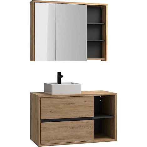 Mobile per bagno sospeso con lavabo quadrato e armadietto bagno 100 cm Colore Naturale - PURNAL