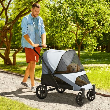 Poussette pliable pour chiens et chats jusqu'à 30 kg, avec coussin, fenêtres et portes en filet, sac de rangement, laisses de sécurité et freins. Couleur : gris. (1/5)