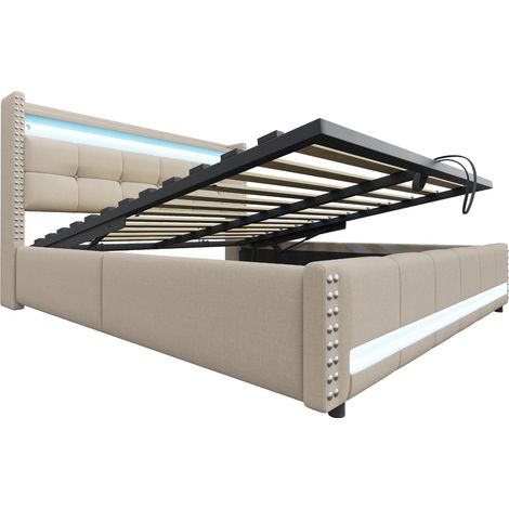 Letto contenitore imbottito 180x200 cm con LED, USB e testiera con mensole beige MODENUIT (1/5)