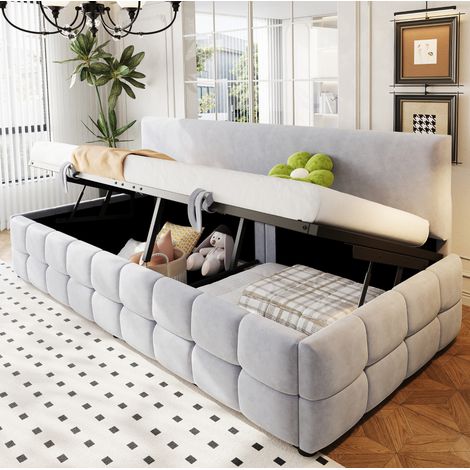 Divano letto imbottito in velluto grigio chiaro 90x200 cm con contenitore idraulico e rete a doghe (1/5)