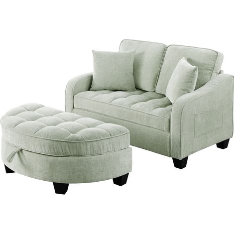 Canapé-lit 2 places compact avec pouf de rangement, tissu respirant cyan, structure en eucalyptus et métal, convertible pour petit salon et studio CHICFURN (1/5)