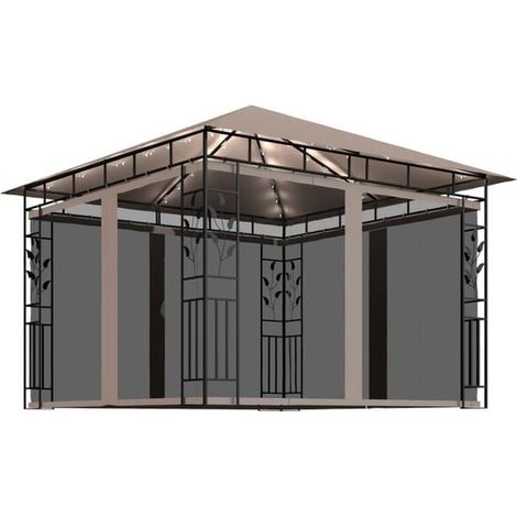 Tonnelle avec moustiquaire et lumières LED 3 x 3 x 2,73 m taupe - Kiosque jardin terrasse extérieur ombrage décoration (1/5)