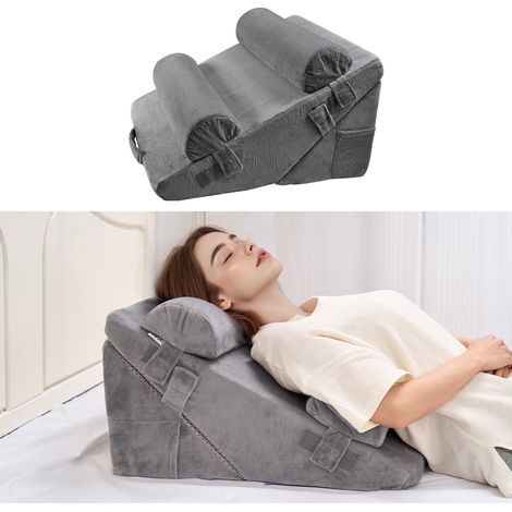 Coussin Incliné Lit, Oreiller Triangulaire Orthopédique Réglable, Rembourrage Mousse, Housse Lavable, Coussin de Lecture Lit pour Soulagement Reflux Acide, Soutien Dos, Jambes, Bras, Gris Foncé (1/5)